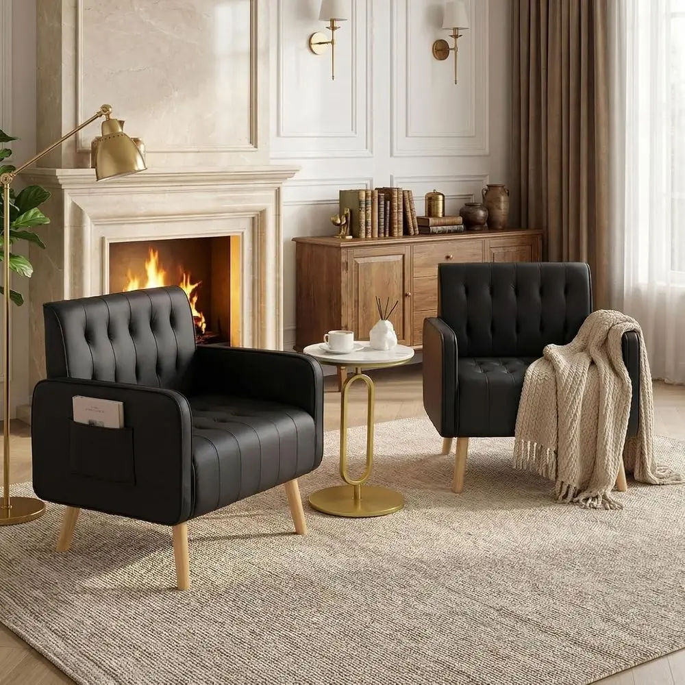 

Комплект из 2 кожаных акцентных кресел в стиле Mid-Century Modern с деревянными ножками, идеально подходят для гостиной, уголка для чтения или зоны ожидания.