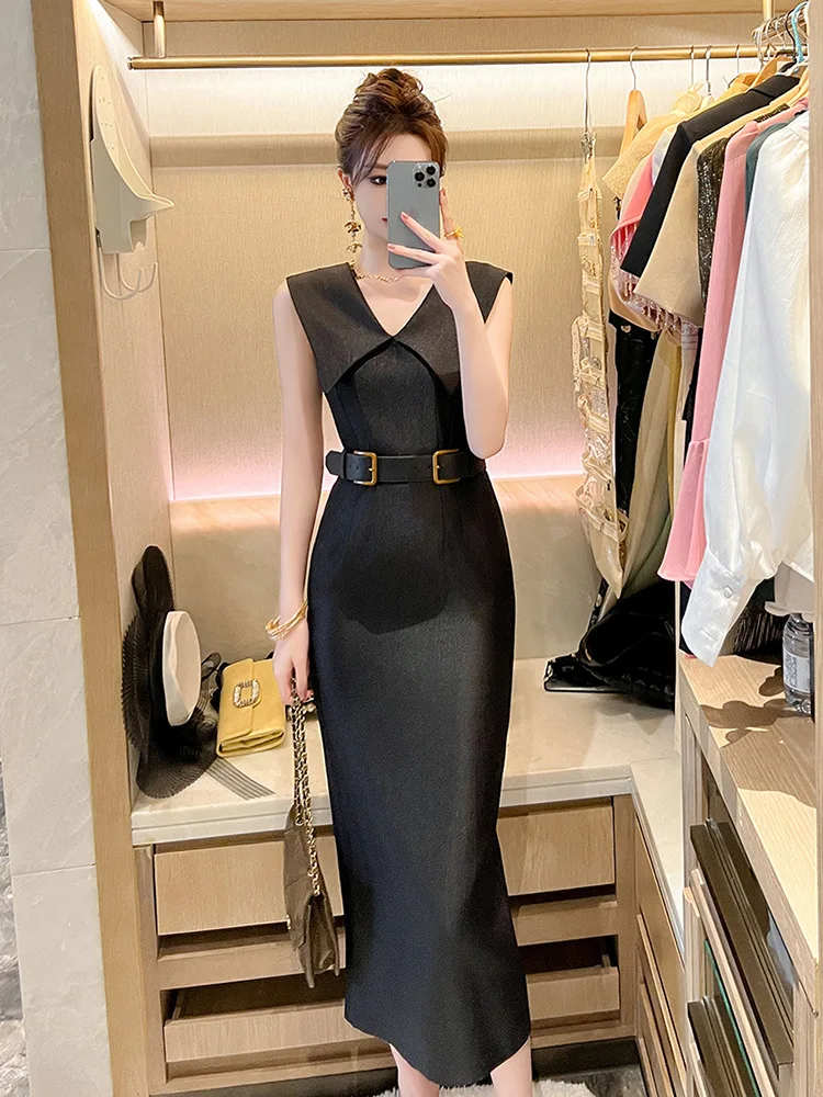 

Coigarsam Long Dress Women Summer New Office Lady French Style Solid Peter Pan Collar Zipper Black Pink Dresses