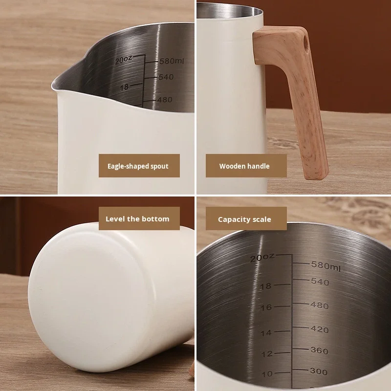 Coffee Milk Frothing Pitcher Jug 304 Stainless Steel with Scale Mark Anti-scald Wooden Handle Coffee Accessories Barista Tools view 4