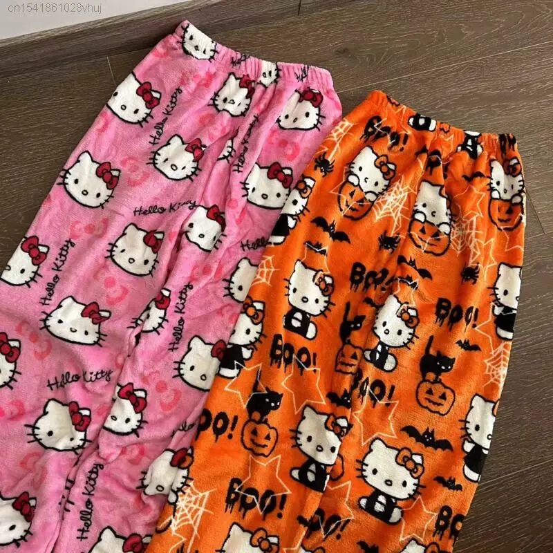 Sanrio Hello Kitty Plush Pajama Sleepwear Pants Women\'s Winter Halloween New Warm Casual Pjs Home Wear Pants Cute Fuzzy Trousers