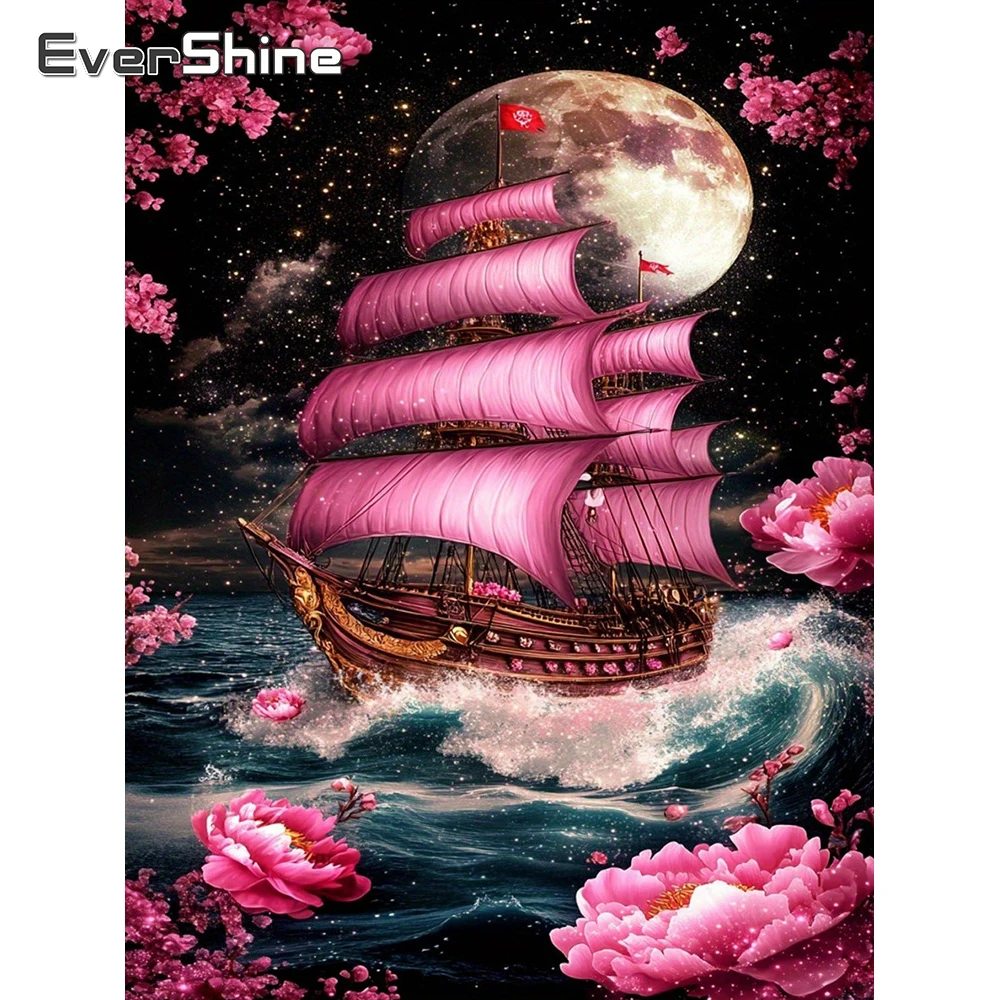 EverShine Diamantmalerei, leichte Landschaft, vollständig bestickt, Bootsbild, Strass-Mosaik, Mond, 5D-Blumendekoration für Zuhause