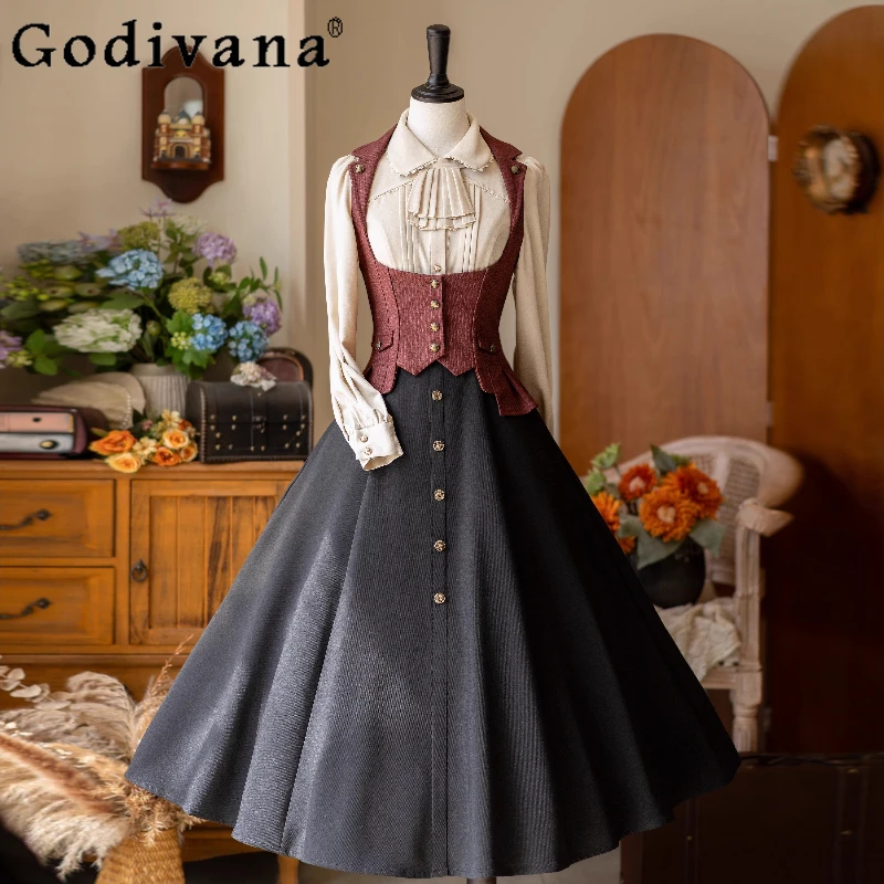 

Оригинальный винтажный элегантный комплект юбки в стиле Лолиты, весенне-осенний новый женский облегающий комплект рубашки в стиле Лолиты с длинными рукавами, длинная юбка, жилет, наряды