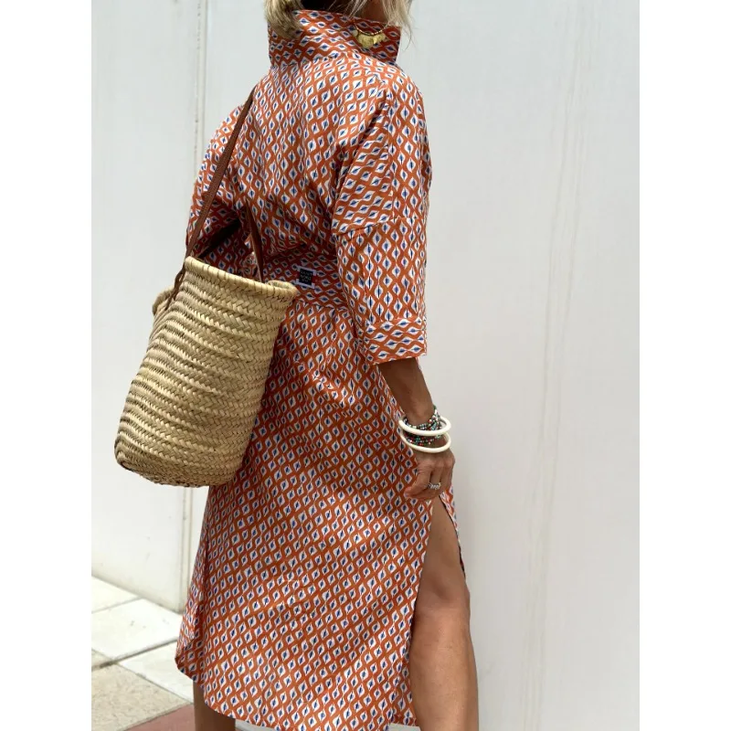 Summer Women Loose Print Bohemian Dress Elegant Stripe Half Sleeve Turn Down Collar Single Breasted Lace Up Long Shirt Dress