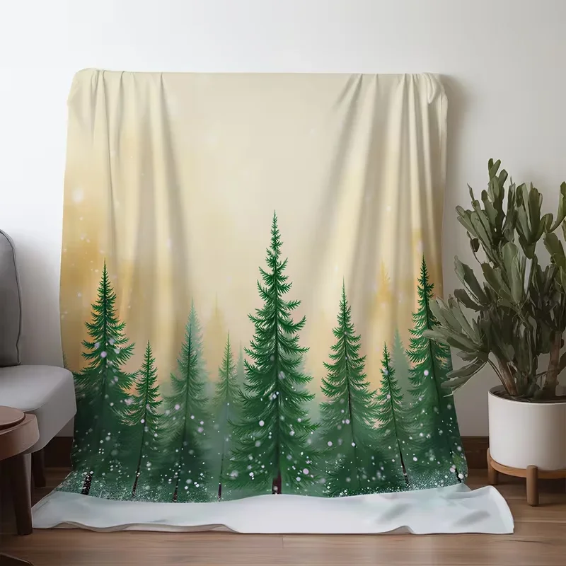 Soft Snowy Pine Forest Blanket Warm Mist Winter Evergreen Tree Landscape Print Cozy Blanket Living Room Sofa Decor