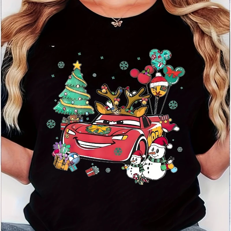 Camiseta navideña de Disney Lightning McQueen Red Car Camiseta negra suave y cómoda se puede lavar a máquina.