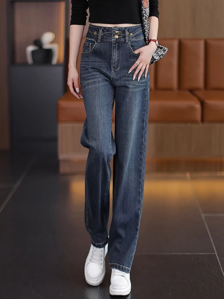 

Узкие джинсы с широкими штанинами, женские джинсы с высокой талией, прямого кроя, свободные повседневные брюки, весенне-осенний новый стиль, корейский стиль