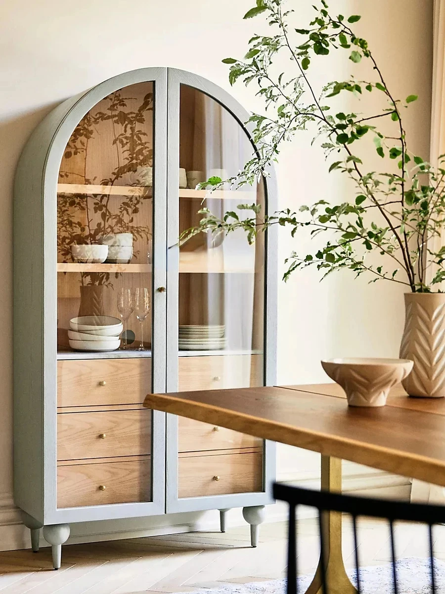 Armoire de rangement en verre à double porte arquée, bibliothèque rétro, buffet