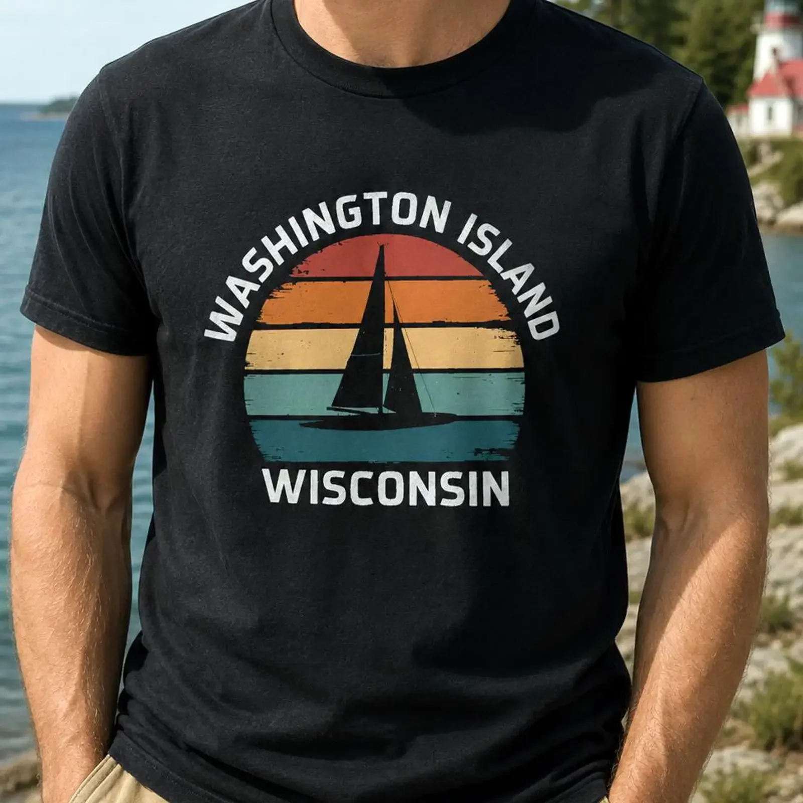 Washington Island Wisconsin Vintage Sailboat Sunset T Shirt Retro Lake Life Travel Vacation Souvenir vintage Washed Slightly