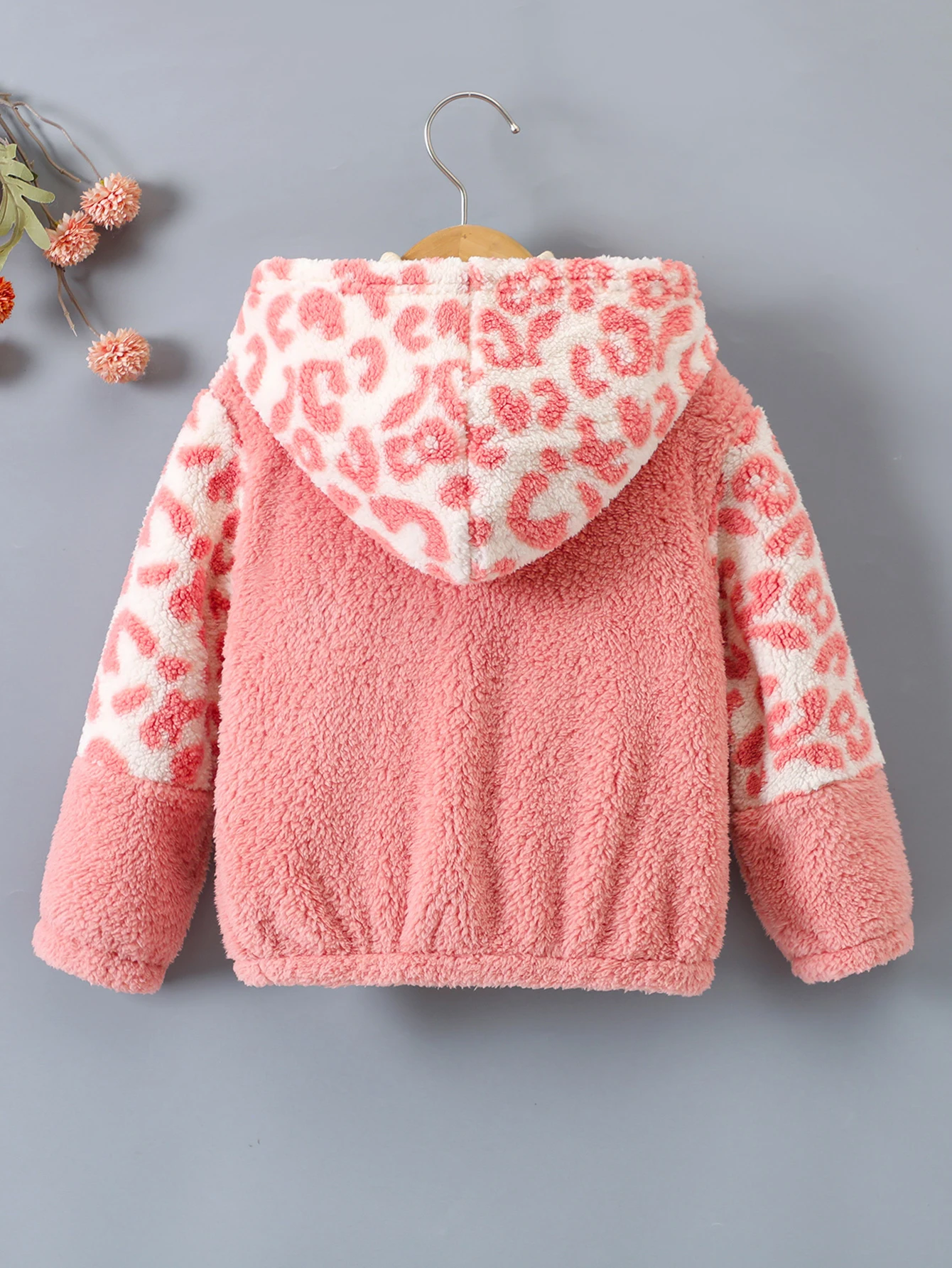 Girls Autumn and Winter Fashion Leopard Print Color Patchwork Warm Comfortable Plush Cardigan Fleece Hooded Coat