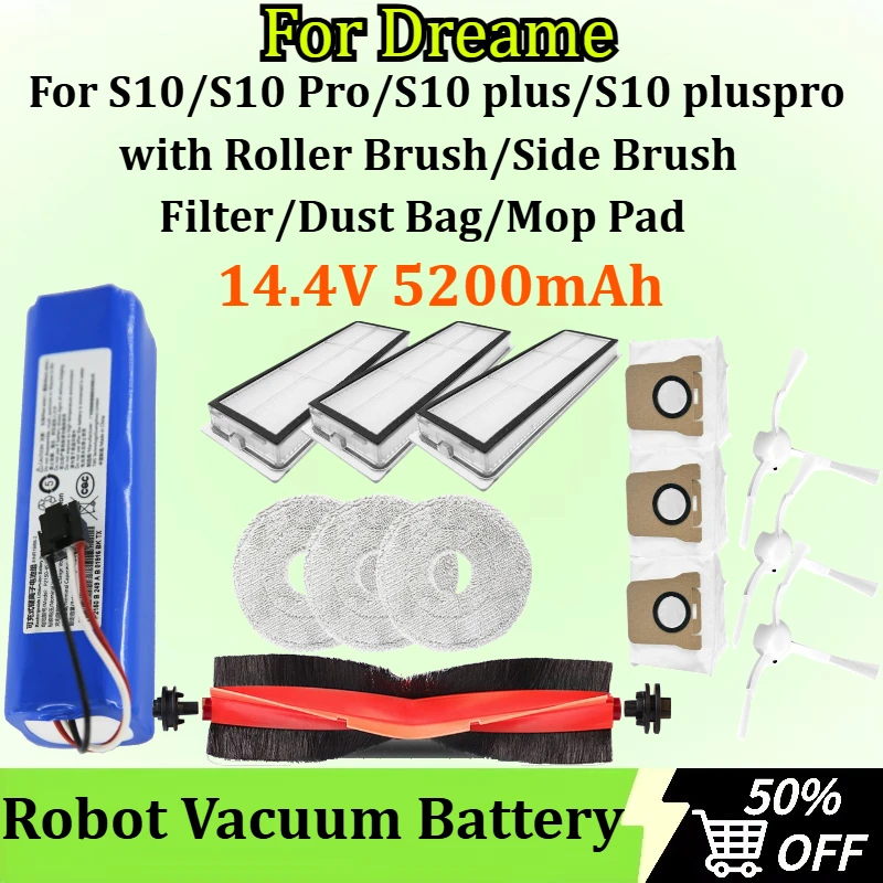 

5200mAh Robot Vacuum Battery for Dreame S10/S10 Pro/S10 plus/S10 pluspro with Roller Brush/Side Brush/Filter/Dust Bag/Mop Pad