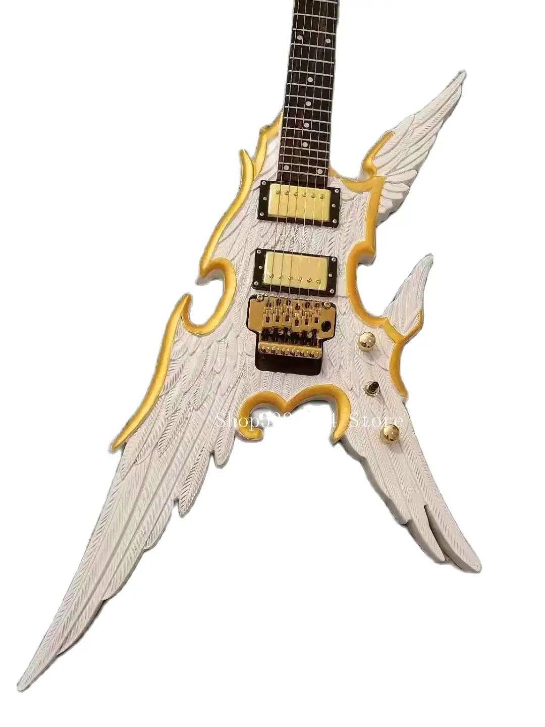 Hand Made carved Angel White Electric Guitar Humbucker Pickups Gold Bridge