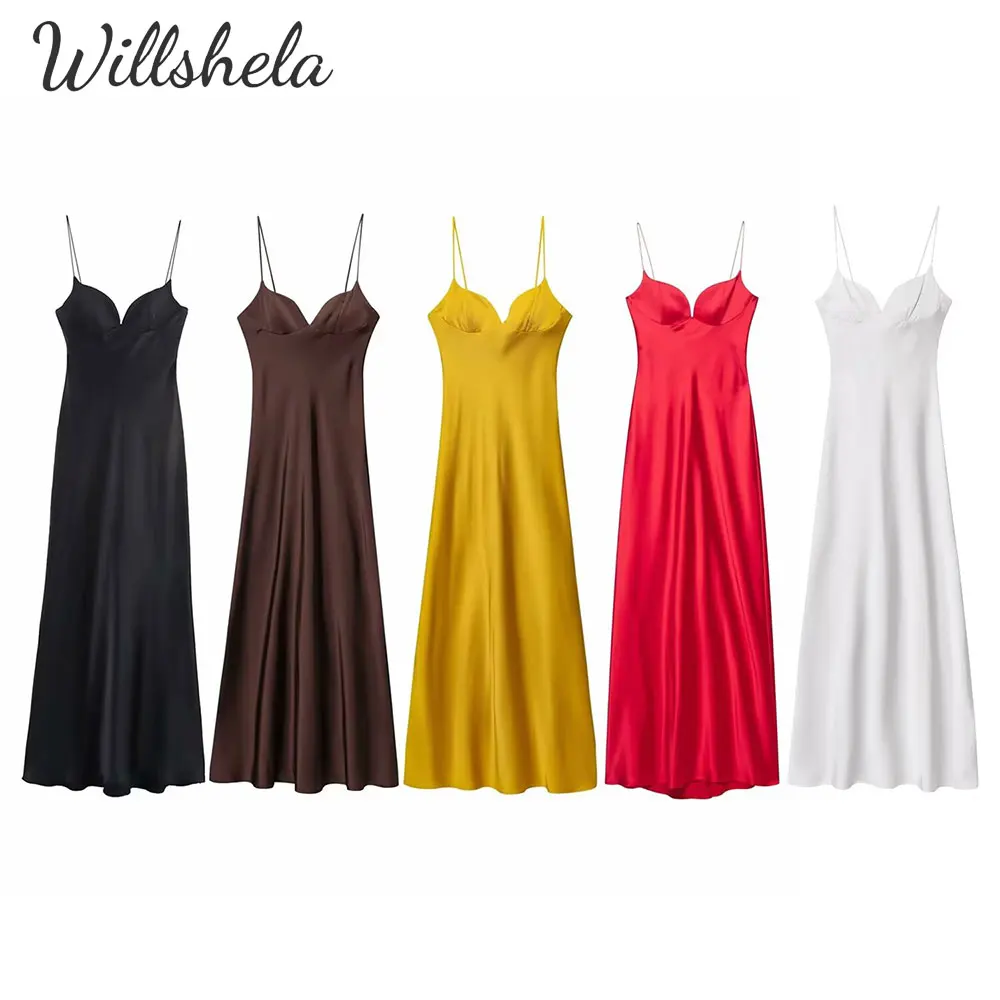 Willshela Women Fashion Solid Satin Backless Midi Camisole Dress Sweetheart Neck Sleeveless Female Chic Casual Long Vestidos
