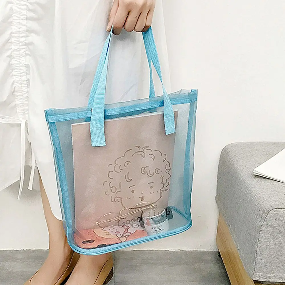 Simple Transparent Large Nylon Mesh Solid Color Korean Style Bag Storage Bag Women Handbag Makeup Bag