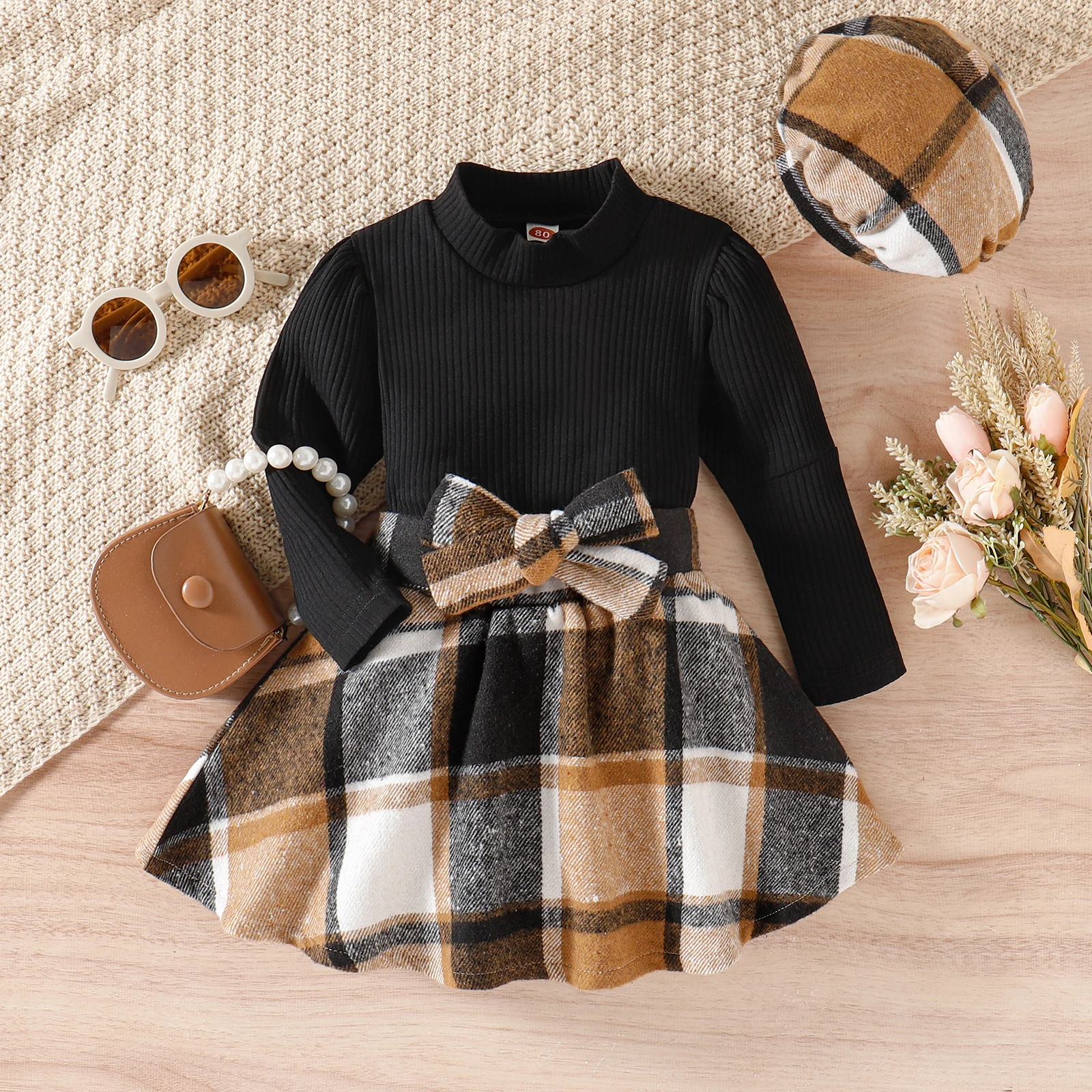 3PCS Autumn And Winter Girls Aged 1-4 Are Fashionable And Foreign, Solid Color High-Collar Long-Sleeved Top + Plaid Skirt + Hat