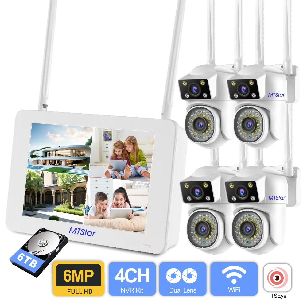 Anxinshi 6MP Dual Lens WiFi CCTV Surveillance Kit Automatic Tracking Color Night Vision P2P 4CH NVR IP Cameras Security System