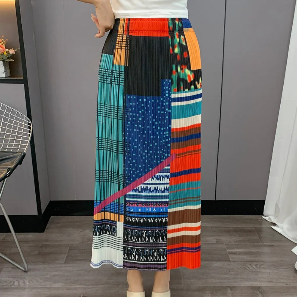 Miyake PleatedPrinted Half Skirt 2025 Summer New Pleats Straight Half Skirt High Waist Loose Fold Skirt  Stylish Resort Wear