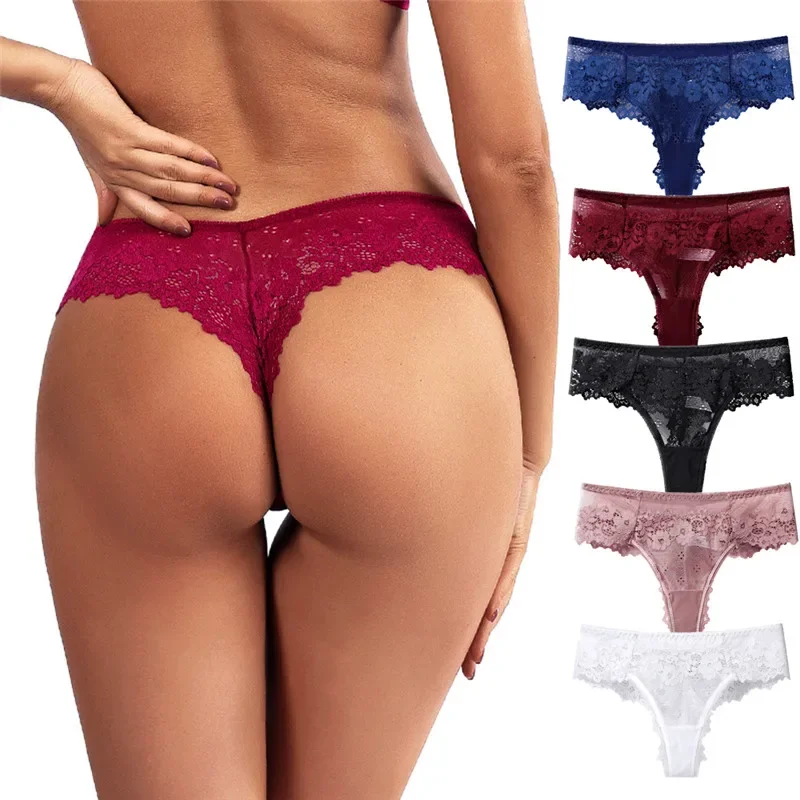 

5-piece Sweet Solid Color Lace Women Panties Hollow Out G-String Underwear Fashion Lace Thong Sexy Soft Lingerie Low Rise Panty