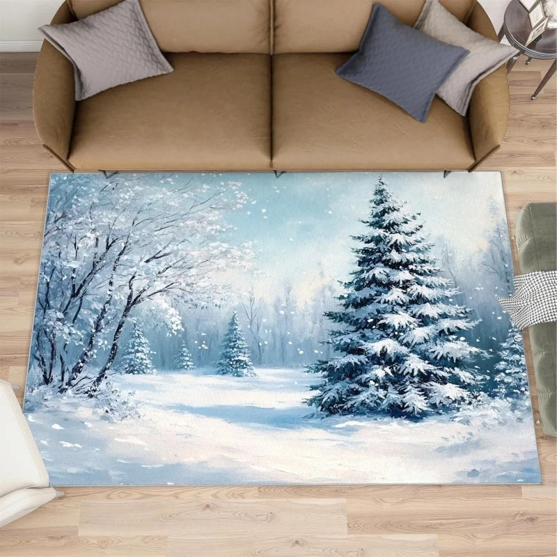 Winter Snow Mountain Cabin Area Rug Snowy Forest Landscape Print Soft Floor Mat Scenery Carpet for Living Room Bedroom