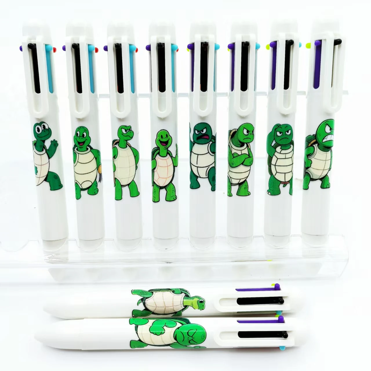 10PCS/15PCS turtle-themed multi-color ballpoint pens, cute turtle-shaped six-in-one colored pens, back-to-school stationery