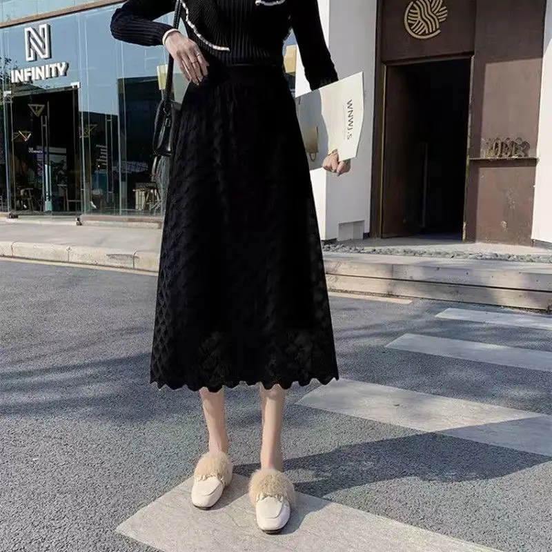 

Lace Skirts Women Sweet 2 Layers Empire Tender Aesthetic Classy Solid A-line Korean Version Elastic Waist Female Midi Clothes