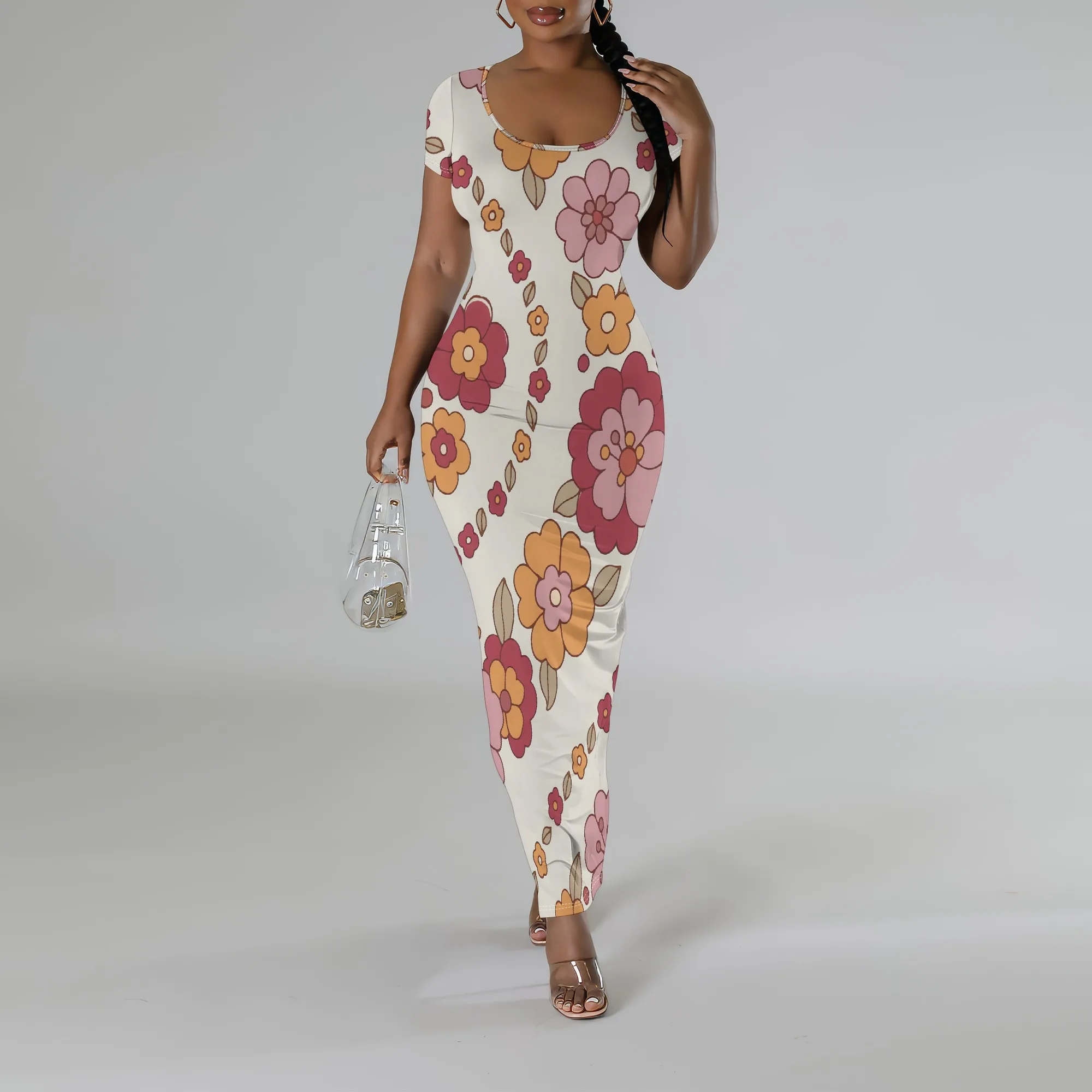 

Women's Vintage Floral Bodycon Dress | 70s Retro Print Maxi Dress with Short Sleeve XS-3XL