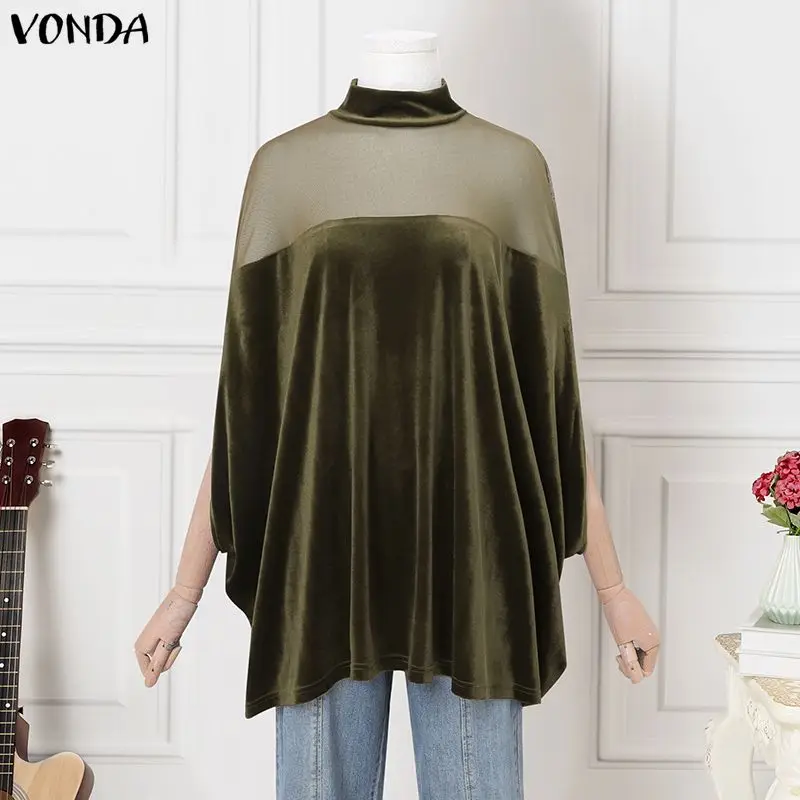 2026VONDA Elegante Vrouwen Fluwelen Blouse Mode Tops Mesh Patchwork Kantoor Blusas Herfst Stand Kraag Vleermuis Mouw Streetwear