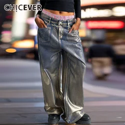 CHICEVER Stamping Coated Denim Pants For Women High Waist Patchwork Pocket Streetwear Straight Jeans Female Autumn Clothing New