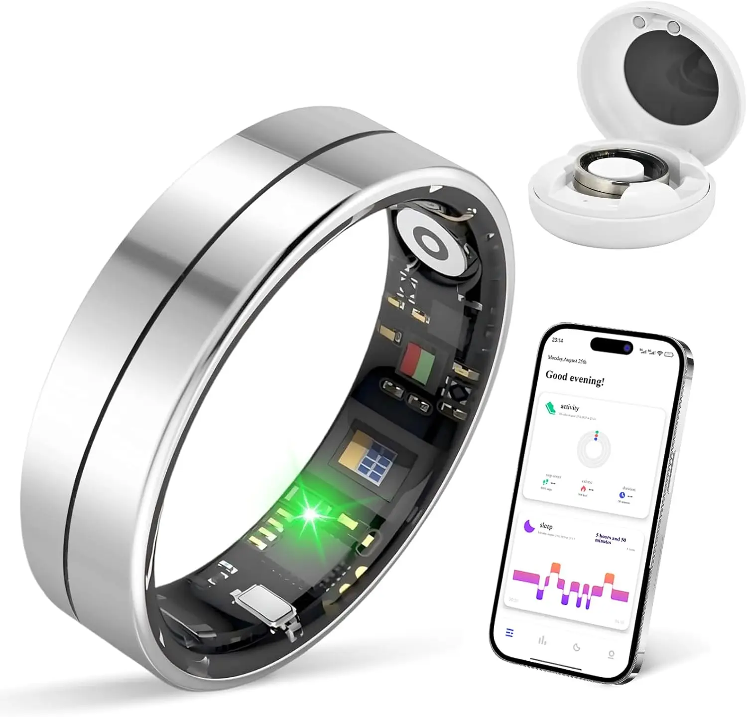 Smart Health Ring: Sleep Monitor, Heart Rate Tracker, 5ATM Waterproof Fitness Band with No Subscription Fee in Steel Color