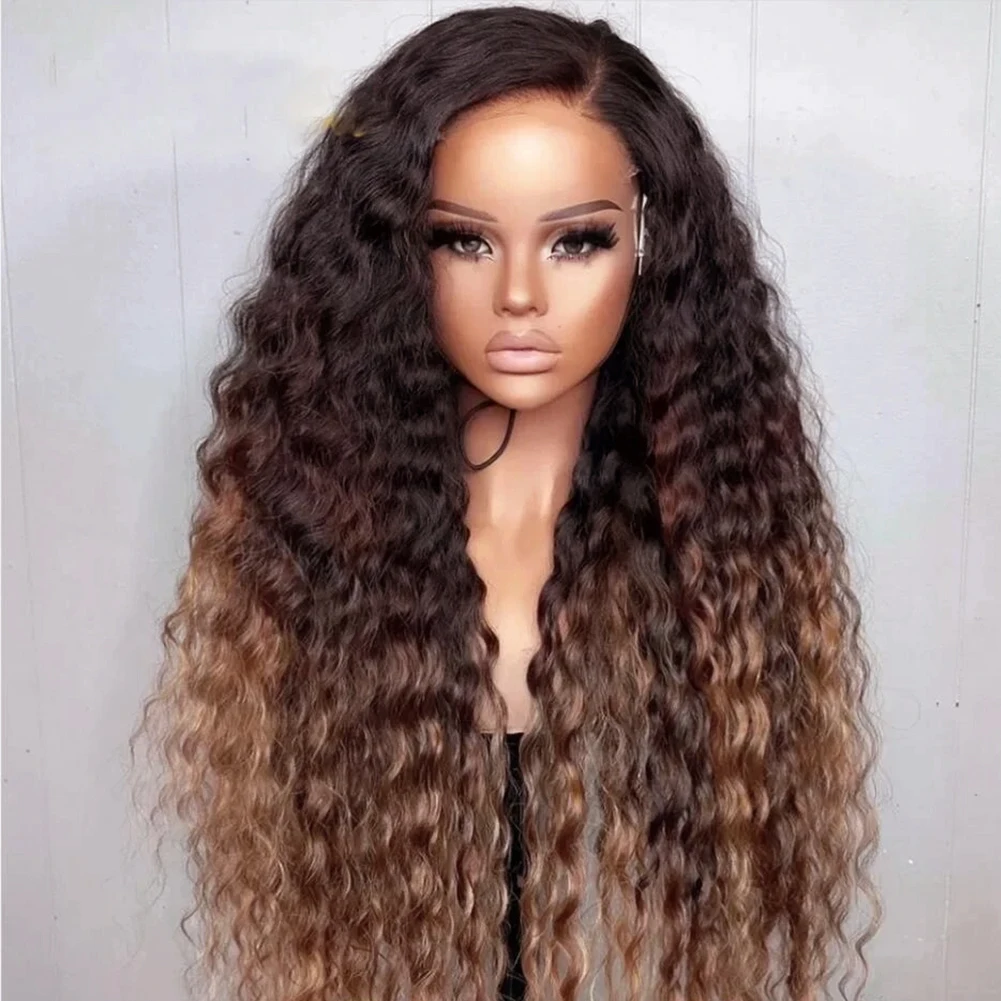 Kinky Curly Wigs Ombre Brown Lace Front Wig Synthetic Hair Wigs for Women Glueless Pre Plucked Fiber Cosplay Party Natural Wig