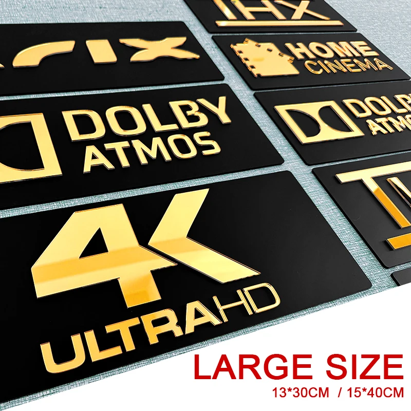 Letreros para Cine en Casa, Espejo Dorado 3D, Sala de Cine 4K Ultra HD, THX, KRIX, DTS X, Dolby Atmos, Letrero Acrílico Dorado para Cine en Casa
