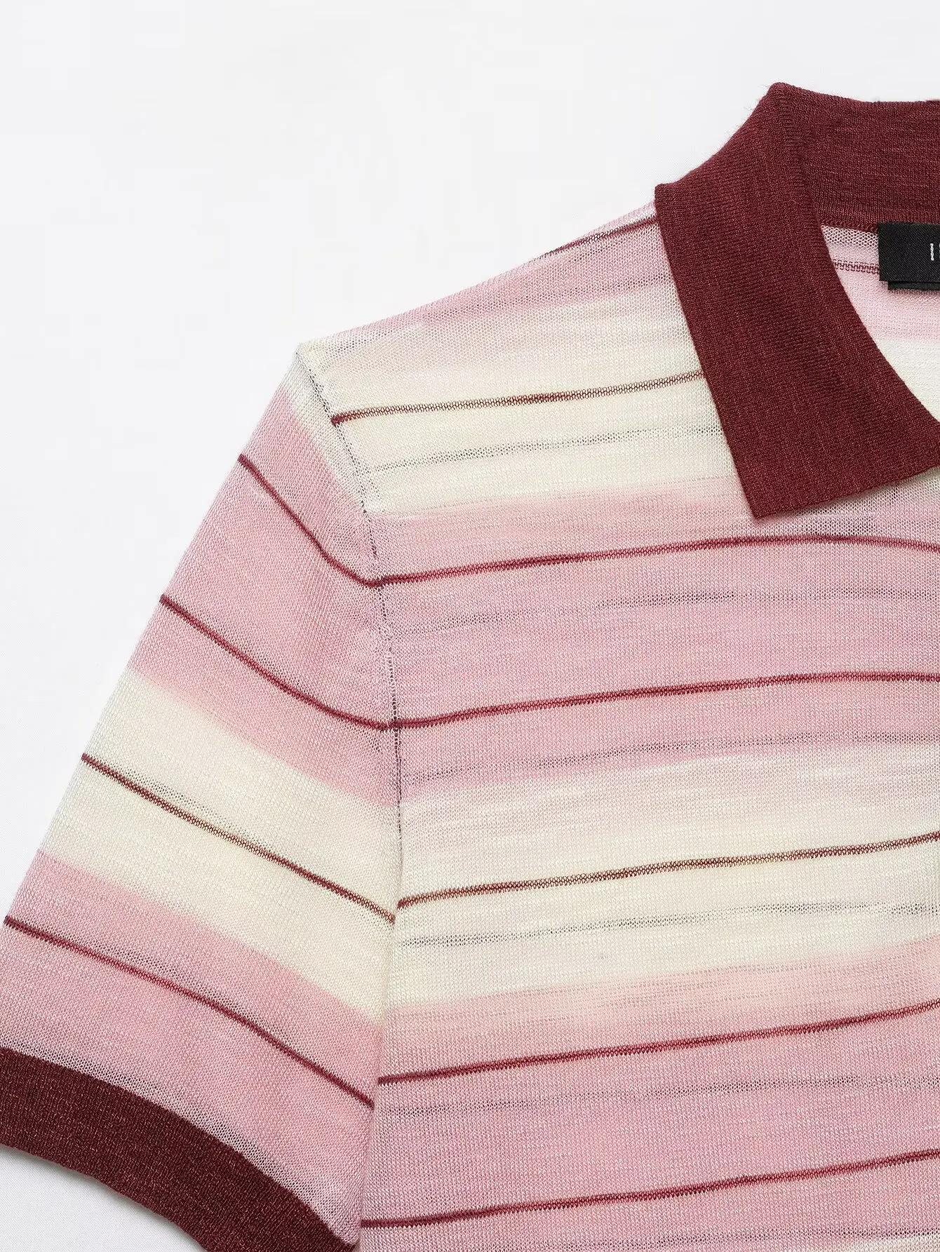 BSAY Elegantes, gestreiftes Strick-Polo-Top für Damen mit Farbblock-Design, kontrastierendem burgunderrotem Kragen, kurzen Ärmeln und halbem Knopfverschluss, Sommer-T-Shirt für den Alltag – Detail 6