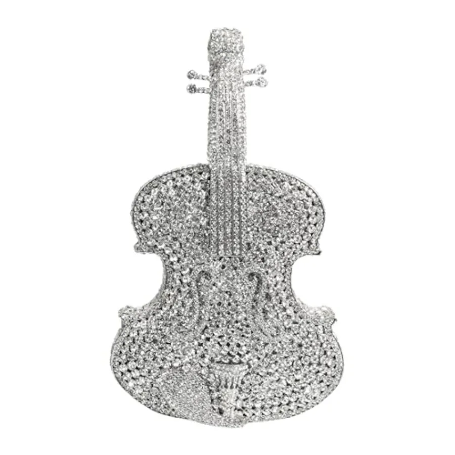 

Evening bag for weddings and parties: mini violin-shaped clutch in silver with sparkling rhinestones, lightweight acrylic mater