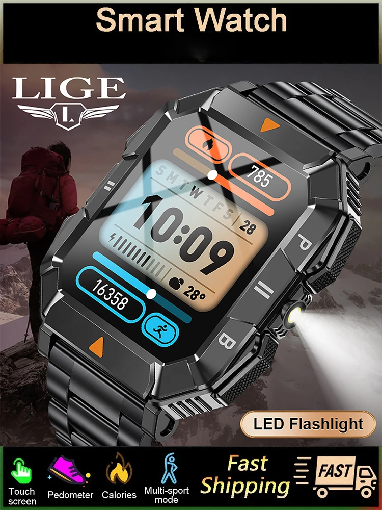 LIGE 견고한 군용 LED 손전등 남성용 스마트 시계 스포츠 피트니스 BT 통화 심박수 건강 모니터 야외 SmartWatch 