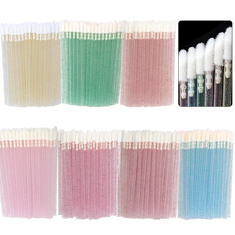50pcs Glitter Hollow Crystal Handle Disposable Lip Applicator Wands Soft Foam Lip Brush Lip Gloss Applicators Lip Makeup Tools
