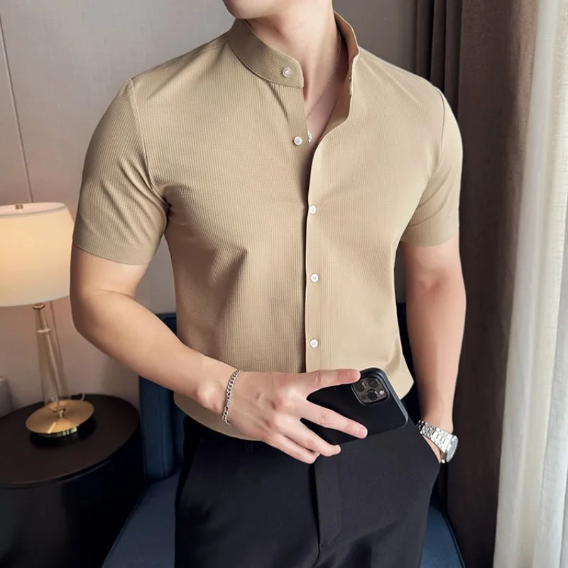 2024 Summer Waffler Shirt for Men Short Sleeved Stand Neck Casual Business Dress Shirts thin Social Party Tuxedo Blouse M-4XL