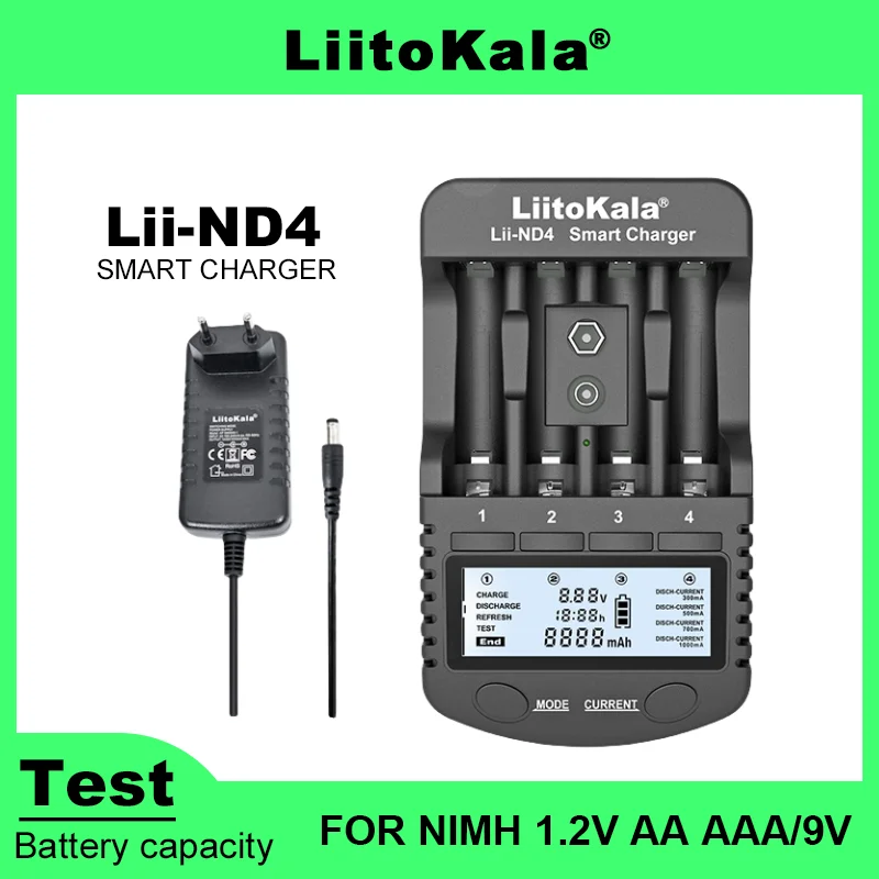 LiitoKala Lii-ND4 Lii-CH2 LCD Display and Test Battery Capacity 9V Batteries NiMH/Cd 1.2V AA AAA Recharge Bateery Charger