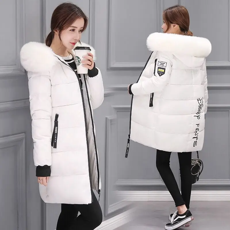 

Winter Ladies Fur-Collared Hooded Parka Stylish Letter Patch Zippered Pocket Design Midi Jacket Elegant Warm Thick Women's Coat