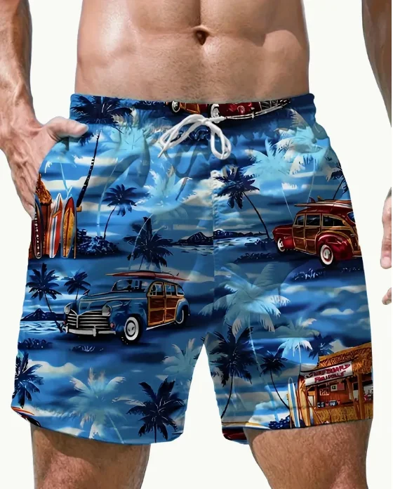 Shorts com estampa de folhas masculinas com bolsos, shorts casual com cordão para praia, verão, natação, surf, nova moda