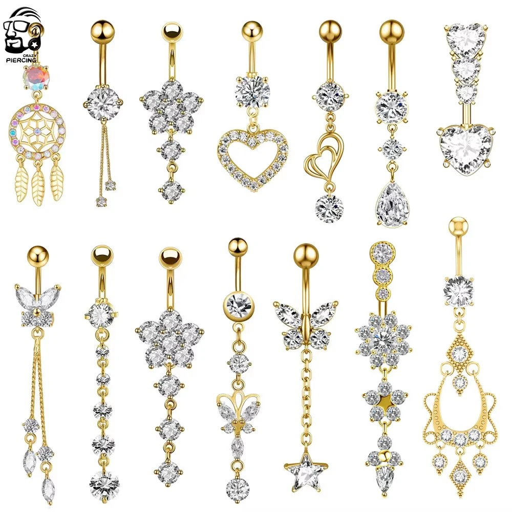 Anillo colgante para ombligo con lazo de mariposa, Piercing de 14G, flor, corazón, cristal, CZs, anillo para ombligo para mujer, joyería para ombligo de acero inoxidable