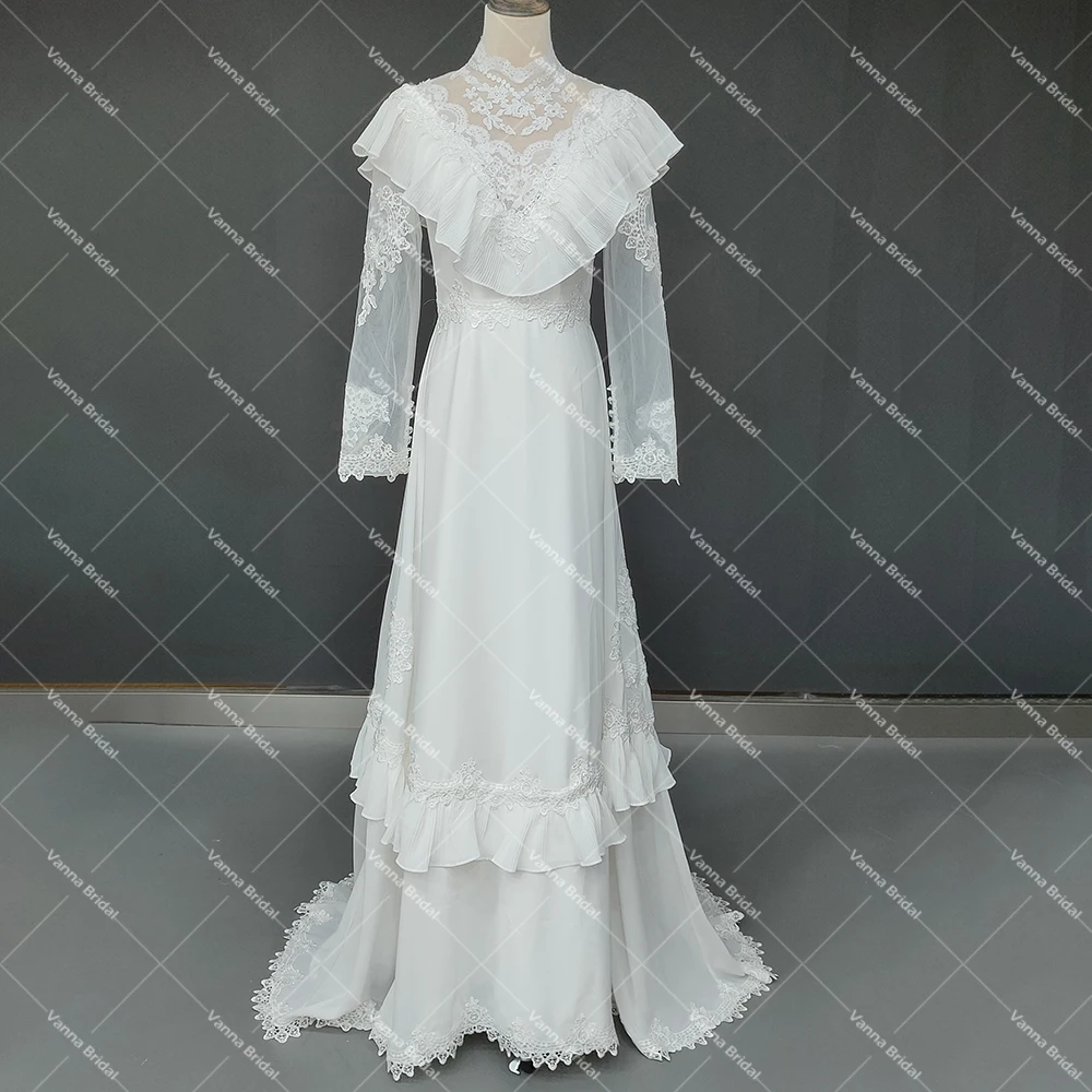 Fotos reais medieval vitoriano vestido de casamento de gola alta mangas compridas uma linha personalizado plissado chiffon apliques vestido de noiva