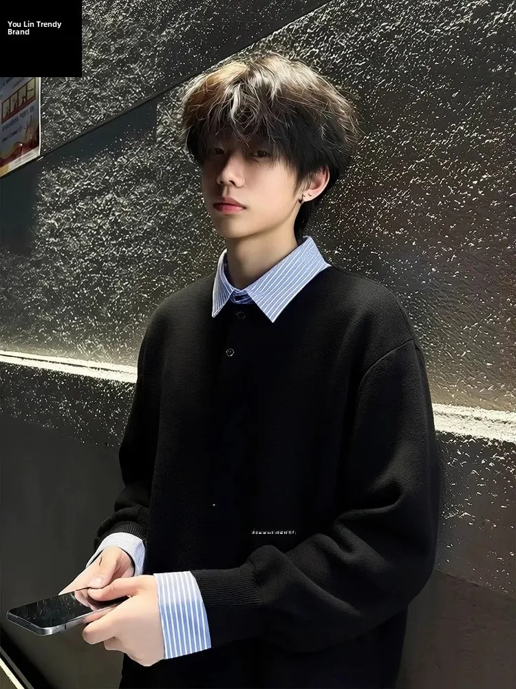 

Мужская толстовка с имитацией двойки и воротником-рубашкой, зимняя, утепленная, на флисовой подкладке, в американском стиле, повседневная, для ношения под одеждой, базовый слой S...