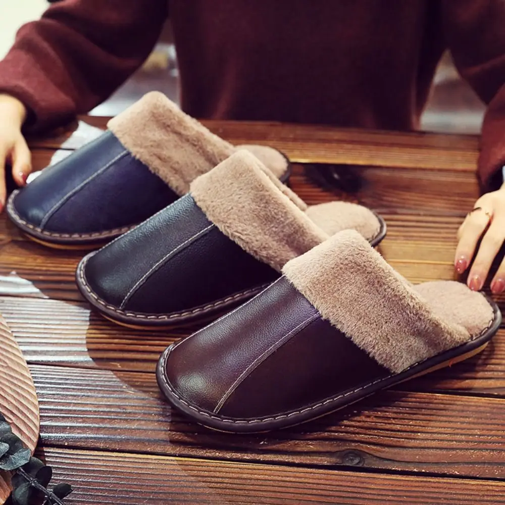 Leather Men Slipper with Fur Thick Sole Fluffy Winter Indoor Slippers Anti-skid Homewear Shoes Soft Sole Home Slippers Bedroom