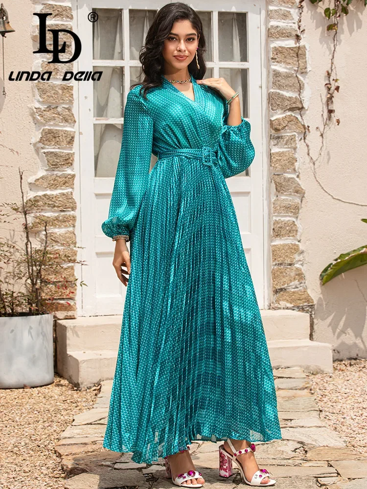 

LD LINDA DELLA Designer Runway Summer Dress Women's v neck Long sleeve Belted Print vintage Long Party Dress