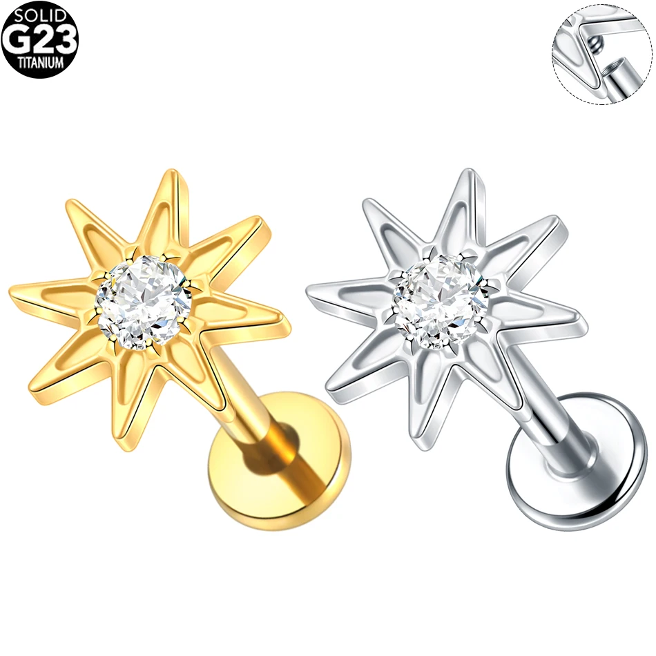 1/5 قطعة التيتانيوم 16 جرام الخماسية نجمة تشيكوسلوفاكيا الغضروف اللولب القرط الثالوث تشيكوسلوفاكيا الزنمة مسمار محارة شفة ثقب الشفاه النساء مجوهرات
