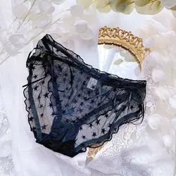 Lolita Bow Transparent Female Panties Thin Mesh See Through Star Print Ruffles Summer Underwear Plus Size 3XL Kawaii Lingeries