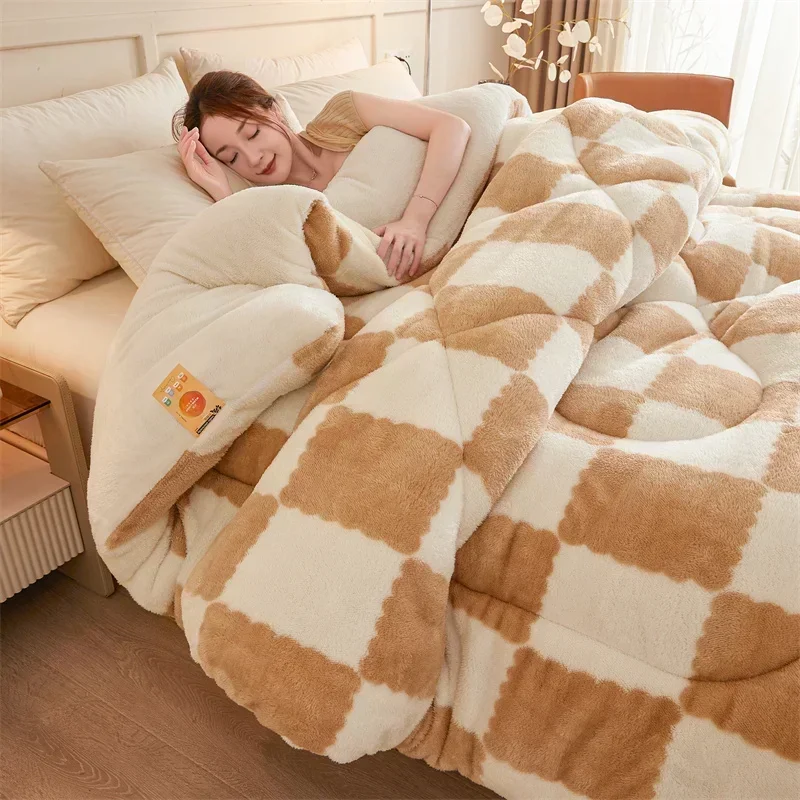 Checkerboard Super Thick Warm Winter Blankets Soft Artificial Lamb Cashmere Weighted Blanket Fluffy Warmth Duvet Comforter Quilt