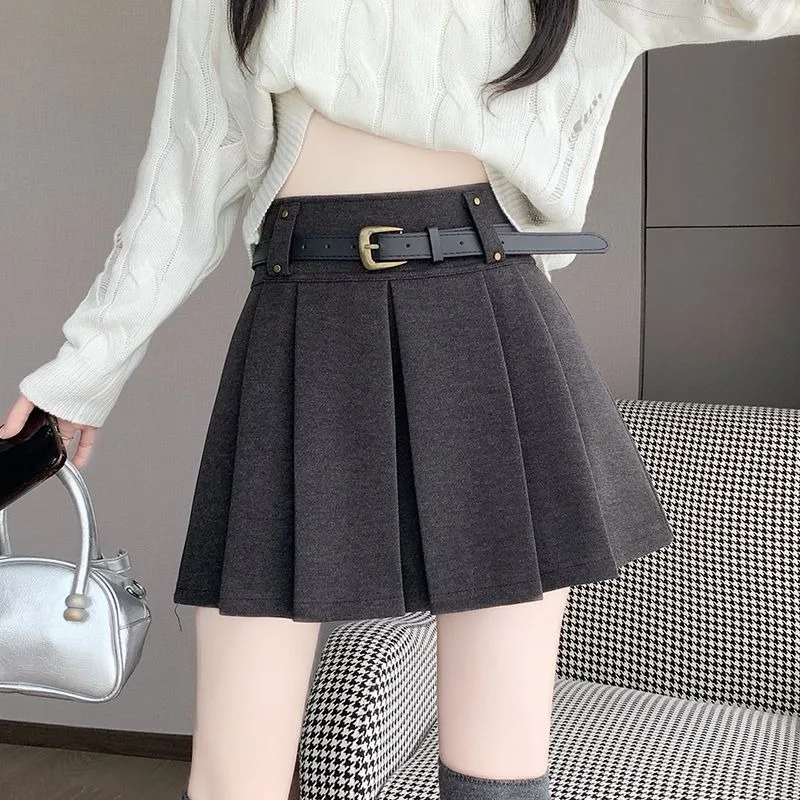 ウールプリーツスカート 秋冬2025新作 ハイウエストAラインスカート スクールスタイル万能ショートスカート