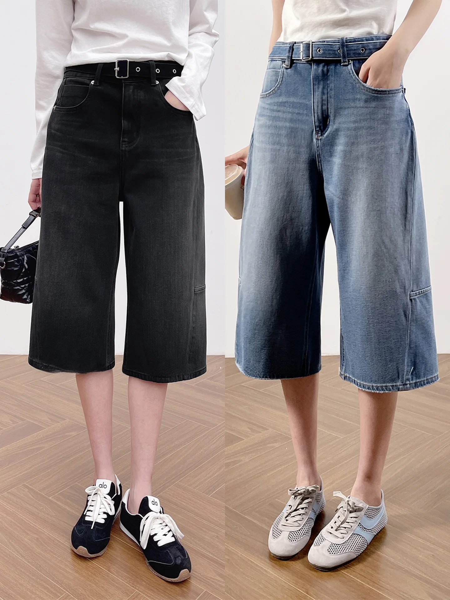 

Korean Style High Waist Wide Leg Jeans Women's Mid-Length Pants Side Seam Slimming Elastic Loose Fit Spring Summer New Arrival