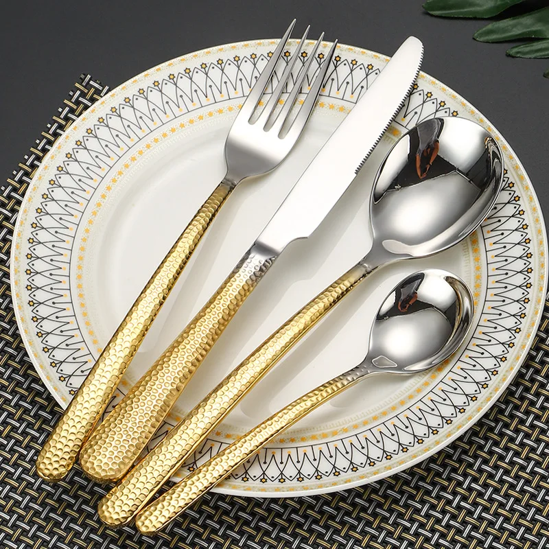 

4/8/16Pcs Dinnerware Set 304 Stainless Steel Hammer Pattern Handles Steak Cutlery Fork Spoon Tableware Knives Dishwasher Safe