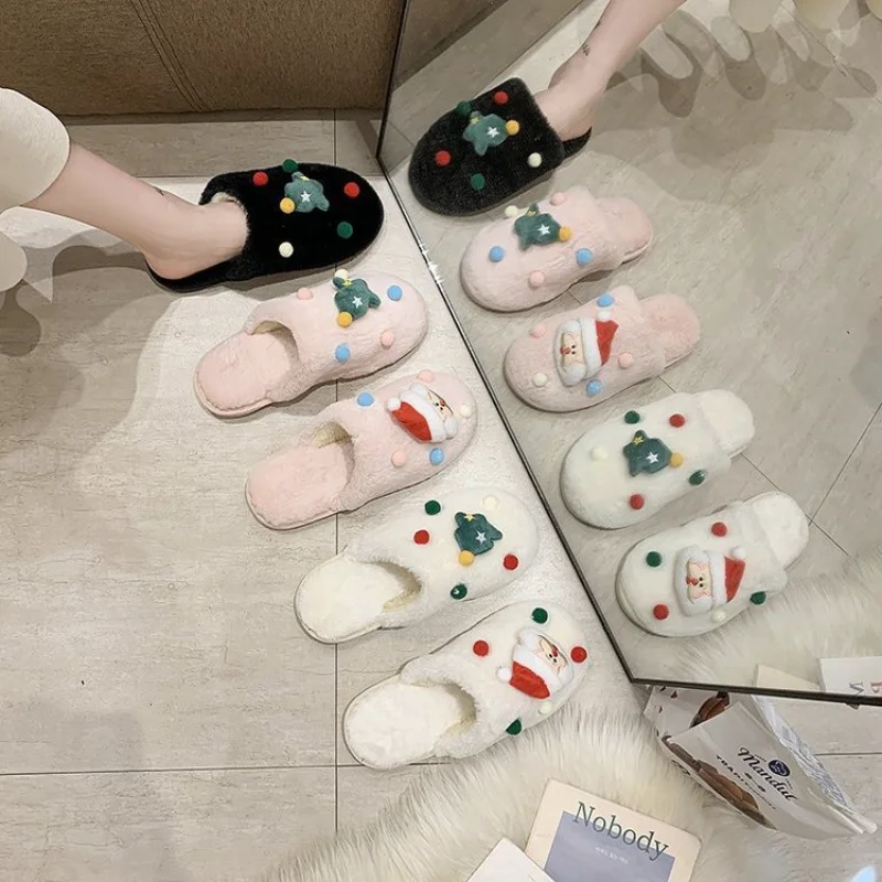 Winter new creative Santa Claus cute warm home women's shoes cartoon Christmas tree non-slip thick-soled plush cotton slippers